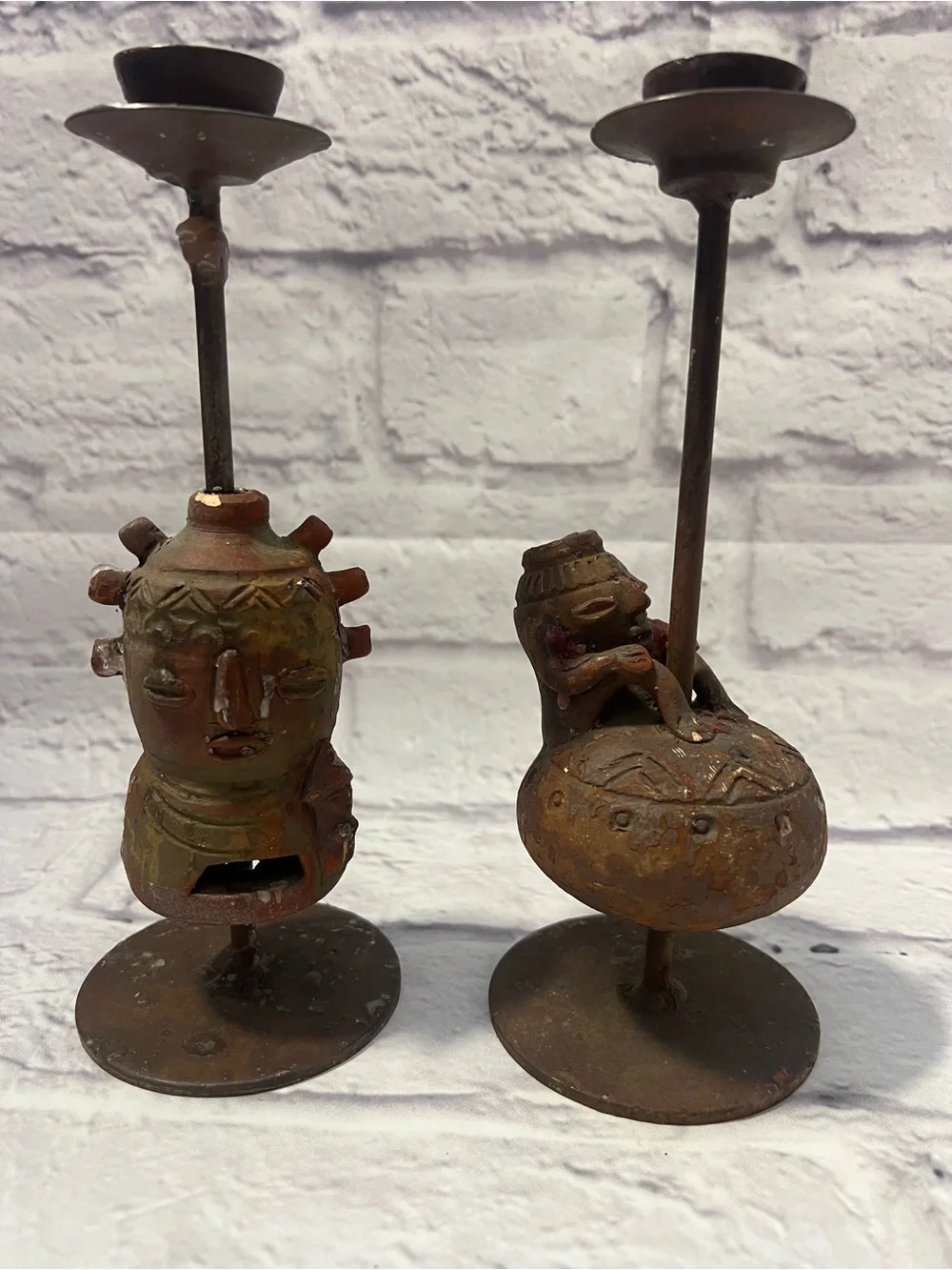 Rustic Brown Metal Candle Holders Set - Decorative Home Accent